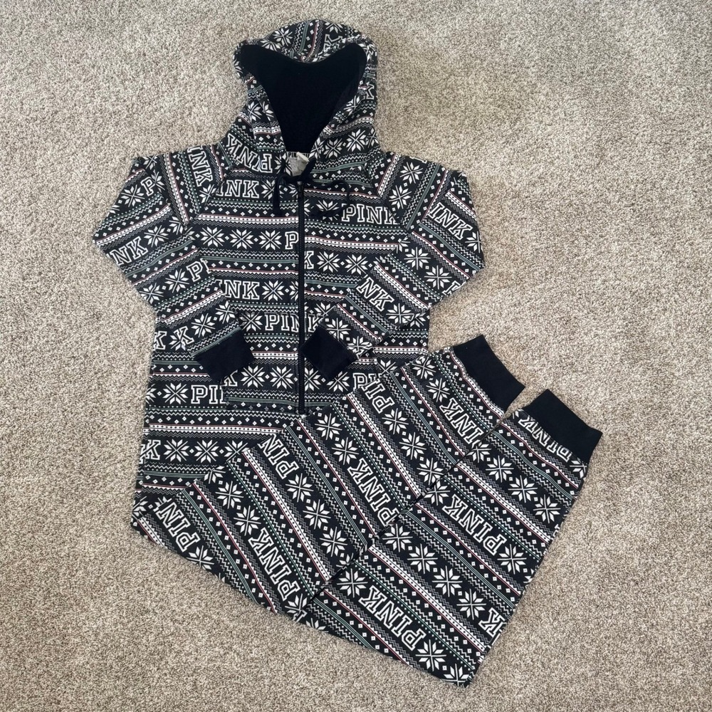 PINK Victorias Secret Women M Black Fair Isle Snowflake Hooded One Piece Pajamas